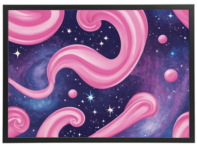 Et farverigt abstrakt billede med pink svungne former i en galaksebaggrund.