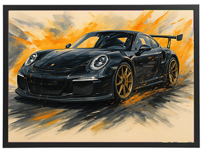 En dynamisk illustration af en sort Porsche med guld detaljer, omgivet af en farverig baggrund.