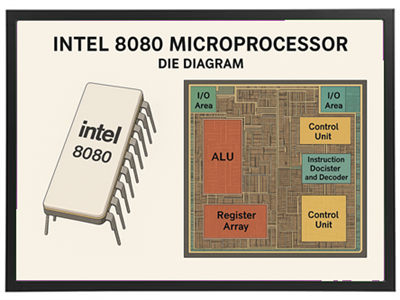 Diagram af Intel 8080 mikroprocessor med komponenter som ALU, kontrolenhed og registerområde.