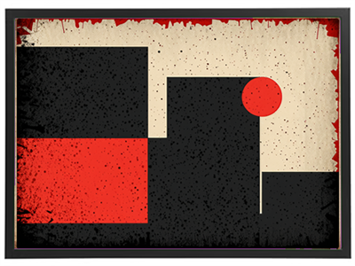 Et moderne kunstværk med sorte, røde og beige geometriske former og teksturer.