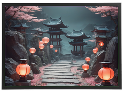 En smuk sti med traditionelle pagoder og lyserøde kirsebærtræer, oplyst af lanterner.