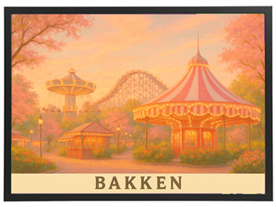 Et malerisk billede af forlystelsesparken Bakken med karusseller og en rutsjebane, omgivet af blomstrende træer.