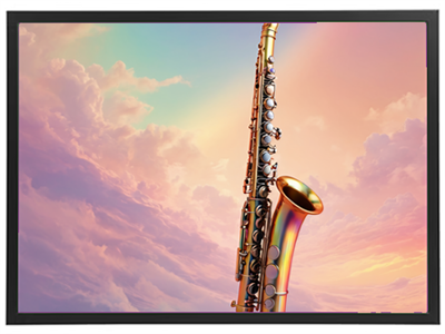 Et farverigt saxofon står majestætisk mod en drømmeagtig himmel med skyer.