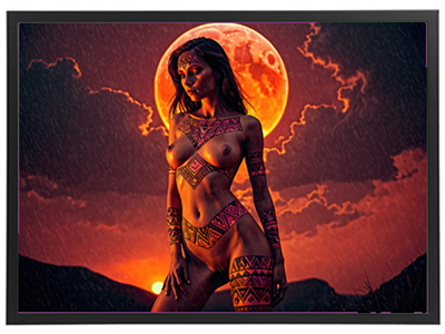 En dramatisk scene med en kvinde med farverige kropsmalinger, der står under en stor blodmåne.
