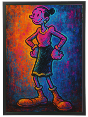 Et livligt maleri af en tegneseriefigur med en glad attitude, omgivet af en farverig baggrund.