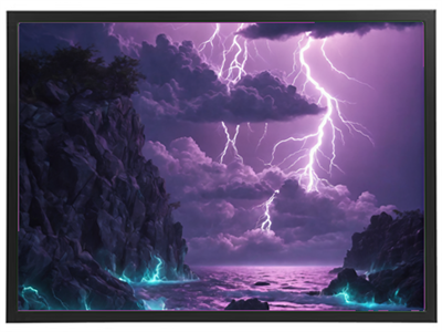 Et dramatisk landskab med lyn, mørke skyer og en glitrende havoverflade.