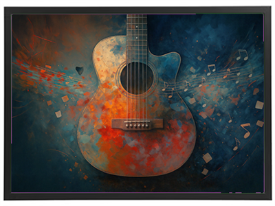 Et billede af en akustisk guitar med en farverig, abstrakt baggrund, der skaber en kunstnerisk stemning.