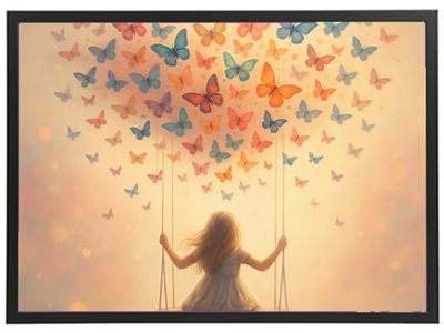 Et barn svinger på en gynge, omgivet af sværme af farverige sommerfugle.