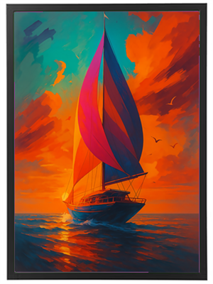 En smuk sejlbåd med farverige sejl, der glider over vandet under en dramatisk solnedgang.