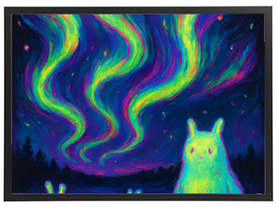 Et surrealistisk billede med en lysende nattehimmel og abstrakte væsner i forgrunden.