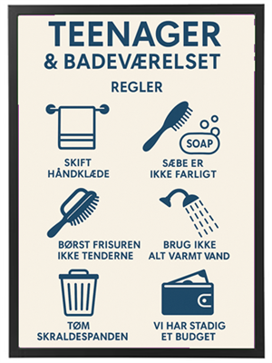 En liste med regler for teenagere i badeværelset, herunder hygiejne og sikkerhed.