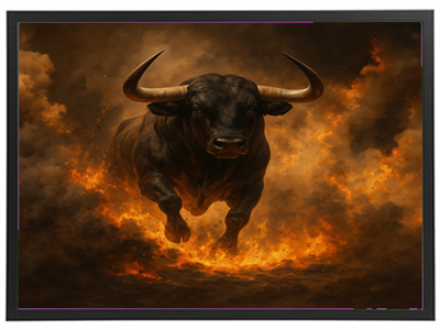 Et dramatisk billede af en sort tyr, der springer gennem flammer og røg.