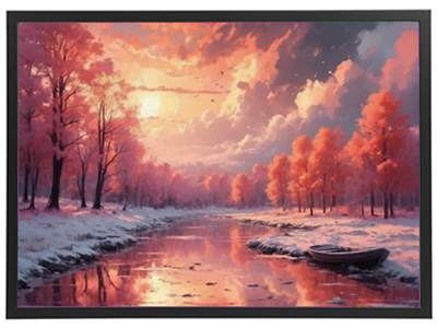 Et smukt vinterlandskab med rosa træer, en stille flod og en båd ved bredden.