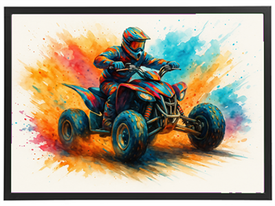 En dynamisk illustration af en person på en ATV, omgivet af sprøjt af farver.