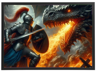 En ridder i rustning står over for en stor drage, mens flammerne lyser op i baggrunden.