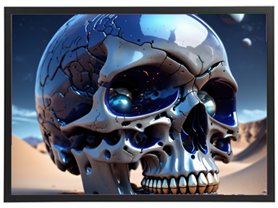 Et detaljeret, metallisk kranium med revner, placeret i et ørkenlandskab med planeter i baggrunden.