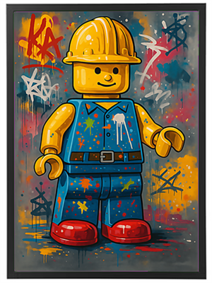 Et billede af en LEGO-figur iført en hjelm og malet med farverige sprøjtede effekter.