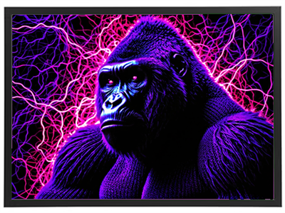 Et farverigt og futuristisk billede af en gorilla med neon-lignende baggrund.