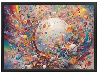 Et farverigt og dynamisk billede, der viser en eksplosiv sammensmeltning af musiknoter og planetariske elementer.