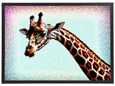 Et nærbillede af en giraffehoved med en farverig, kunstnerisk baggrund.