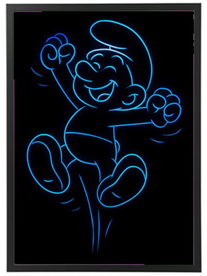 En lysende neonillustration af en glad karakter, der danser.