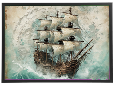 Et detaljeret billede af et gammeldags skib, der sejler gennem oprørt vand med et kort i baggrunden.