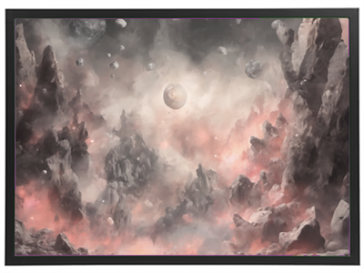 Et surrealistisk landskab med klippeformationer og svævende planeter i en tåget atmosfære.