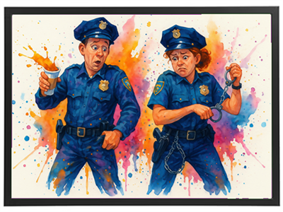 Et farverigt maleri af to politibetjente, den ene overrasket med en drink, den anden med håndjern.