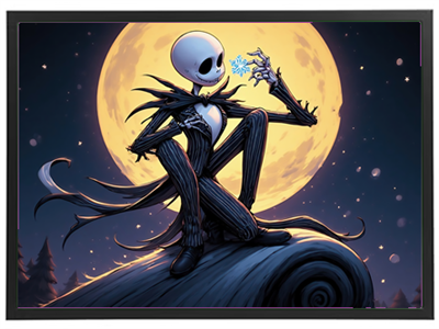 En stiliseret figur af Jack Skellington, der sidder på en rulle med en snefnug i hånden, under en stor måne.
