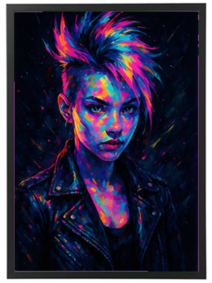 Et farverigt portræt af en ung person med punk-inspireret frisure og læderjakke.