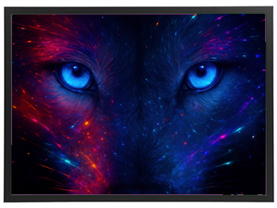 Et nærbillede af en ulvs ansigt, hvor øjnene stråler i blå nuancer mod en baggrund af farverige stjerner.