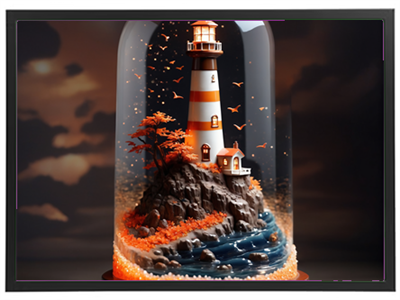 En smuk skulptur af et fyrtårn på en klippe med en lille hytte, indkapslet i en glaskuppel.