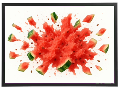 Et dynamisk billede af en vandmelon, der eksploderer med saft og skiver spredt rundt.