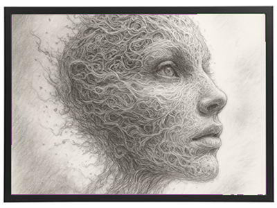 Et detaljeret tegnet portræt, hvor ansigtet er sammensmeltet med organiske former og teksturer.