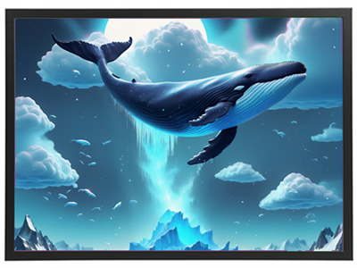 En farverig illustration af en blåhval svævende over isbjerge og skyer.