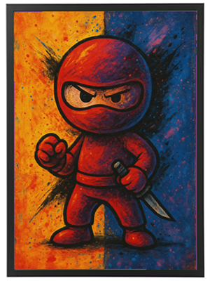 Et maleri af en rød ninja med en kniv, sat mod en farverig baggrund.