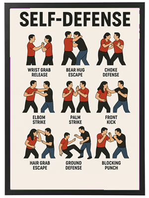 Illustration af forskellige selvforsvarsteknikker, herunder frigørelse fra greb og angreb.