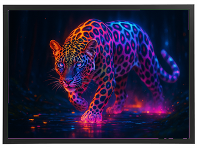 En farverig leopard, der går gennem en mørk skov med lysende mønstre.