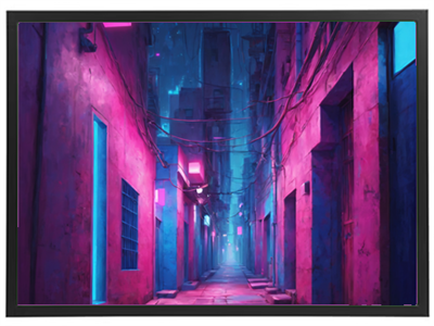 Et futuristisk gadebillede med neonlys og skygger i en smal gyde.