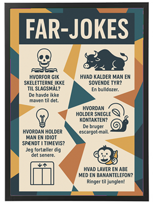 En samling af sjove far-jokes med forskellige illustrationer og spørgsmål.
