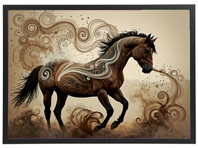 En stiliseret hest i bevægelse, omgivet af kreative, svungne mønstre og farver.