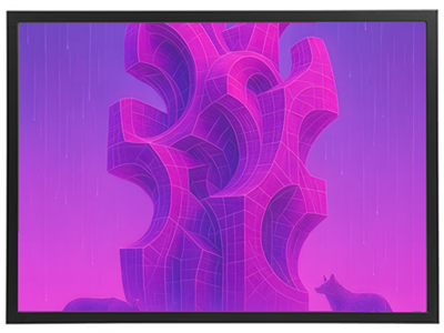 Et futuristisk, geometrisk tårn i pink og lilla nuancer, med to dyr i forgrunden.