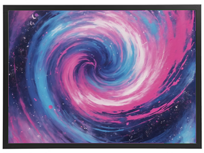 En abstrakt maleri, der viser en spiralformet galakse med nuancer af blå, pink og lilla.
