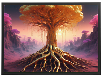 Et storslået træ med gyldne rødder og farverige omgivelser i en drømmeagtig landskab.