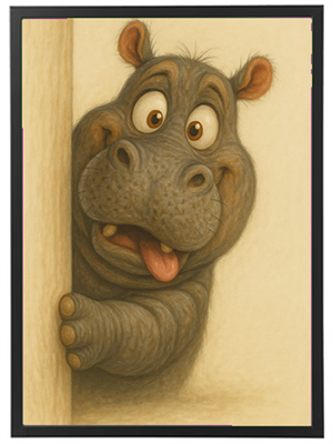 En tegnet flodhest, der kigger rundt om et hjørne med et venligt udtryk og tungt tunger.