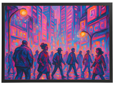 Et farverigt maleri af en travl byscene med mennesker og neonlys.