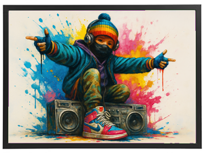 Et farverigt billede af en dreng i hip-hop stil, der sidder på en boombox med hovedtelefoner.