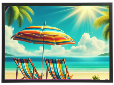 En farverig strandscene med to liggestole, en parasol og en klar blå himmel.