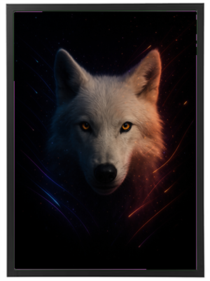 Et dramatisk portræt af en ulv med lysende øjne, omgivet af en mørk, stjerneklar baggrund.