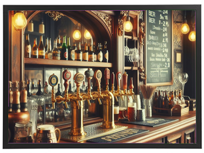 En stilfuld bar med træmøbler, øltapper og en tavle med drikkevarer.